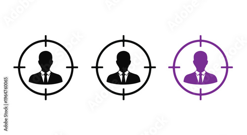 Graphic illustration of three silhouette icons of businessmen in crosshairs on a white background with a purple accent.