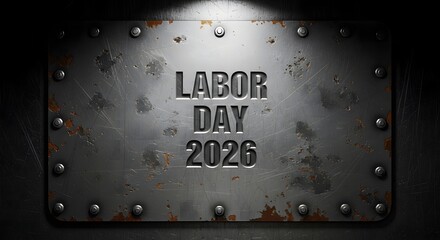A metal plate with Labor Day 2026 written on it
