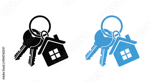 Two house keychains with keys on a white background, one in black and one in blue, flat design icons.