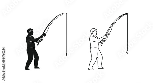 Black and white illustration of men fishing Vector