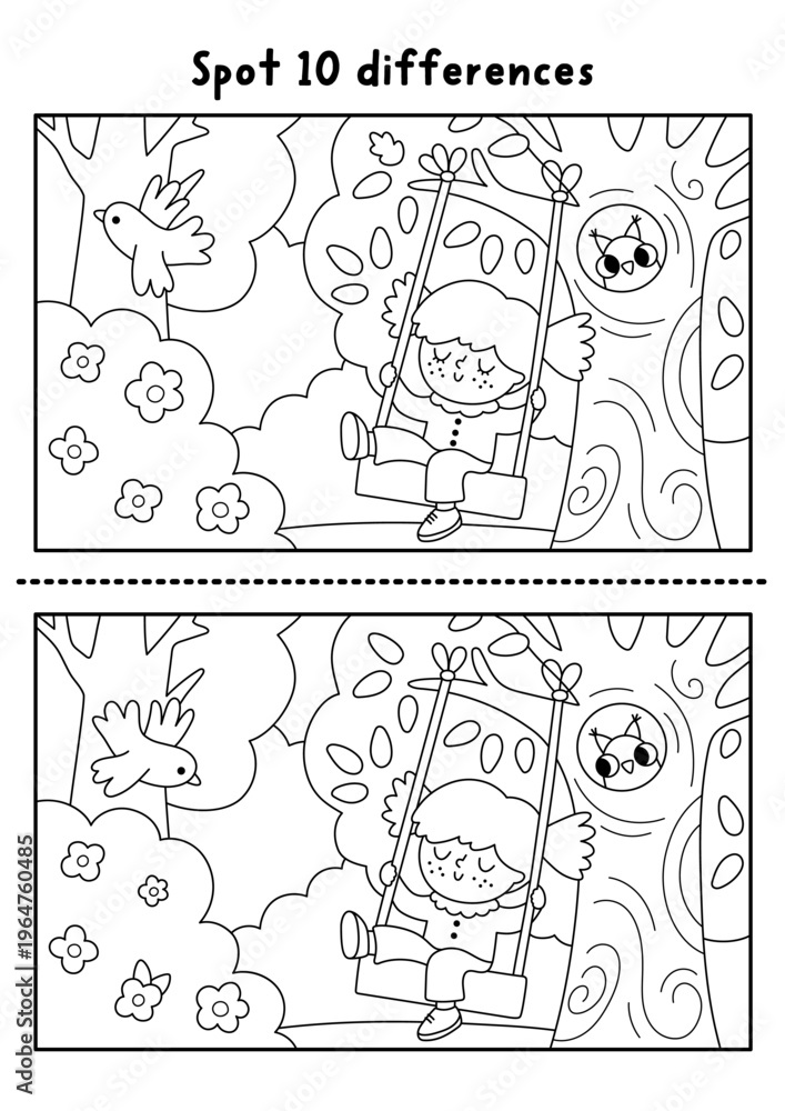 Fototapeta premium Garden black and white find differences game for children. Spring line educational activity with girl swinging on tree with owl. Puzzle for kids. Printable worksheet, coloring page