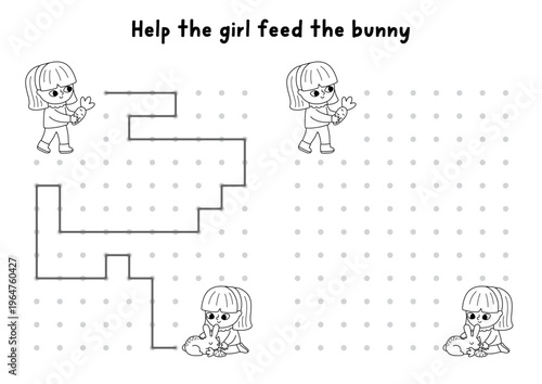 Garden black and white drawing, writing, tracing, space orientation activity with girl feeding bunny, carrot. Draw lines in box according example. Spring printable game, puzzle, coloring page
