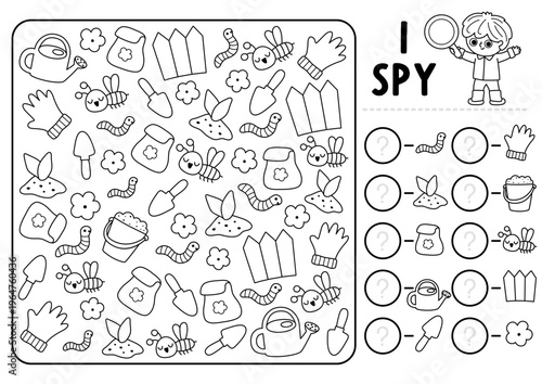 Garden black and white I spy game for kids. Searching, counting activity with gardening tools, glove, watering can, worm. Printable line worksheet, coloring page. Spring or summer spotting puzzle