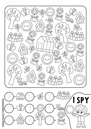 Garden black and white I spy game for kids. Searching, counting activity with greenhouse, tree, birdhouse, flower. Printable worksheet, coloring page. Spring, summer spotting puzzle