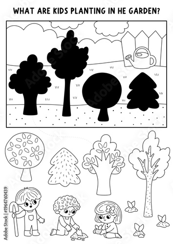 Garden shadow matching activity with gardeners planting trees. Spring black and white puzzle. Find correct silhouette printable worksheet, game, coloring page with kids doing work