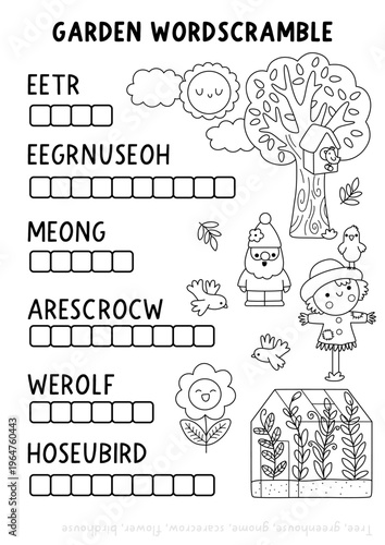 Vector black and white garden word scramble activity coloring page. English language game with greenhouse, tree, scarecrow, flower, gnome. Spring line quiz, printable worksheet