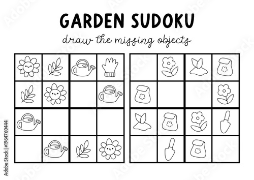 Vector black and white garden sudoku puzzle for kids with pictures. Spring line quiz with watering can, flower, seeds, glove, spade. Spring activity, coloring page. Draw missing object
