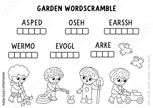 Vector black and white garden word scramble activity coloring page. English language game with gardening equipment, tools, kids gardeners. Spring line family quiz, printable worksheet