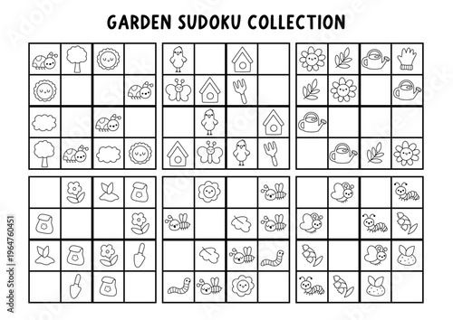 Vector black and white garden sudoku puzzle for kids with pictures. Quiz collection with watering can, tree, birdhouse, flower, growing plant. Spring line activity, coloring page. Draw missing object