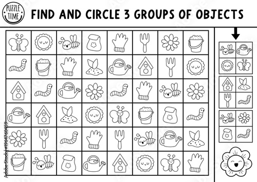 Garden black and white seek and find game with spring symbols. Attention line training puzzle with watering can. Printable activity, coloring page for kids. Searching puzzle. Find group of objects