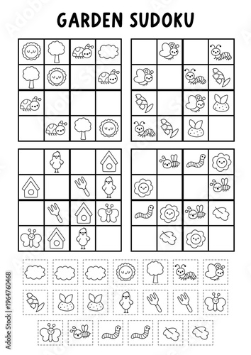 Vector black and white garden sudoku puzzle for kids with pictures. Line spring country house quiz with cut  glue element. Education activity, coloring page with birdhouse, tools. Draw missing objects