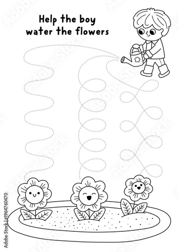 Vector black and white garden handwriting practice worksheet with boy gardener watering flowers. Preschool line drawing printable activity. Spring tracing game, coloring page for writing skills