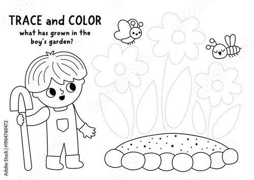 Vector black and white garden handwriting practice worksheet with boy gardener growing flowers. Preschool drawing printable activity. Spring line tracing coloring game for writing skills