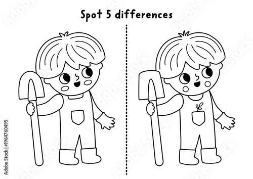 Garden black and white find differences game for children. Spring line educational activity with boy gardener standing with spade. Cute puzzle for kids. Printable worksheet, coloring page