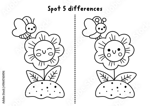 Garden black and white find differences game for children. Spring line educational activity with smiling kawaii flower on bed with funny butterfly. Puzzle for kids. Printable worksheet, coloring page