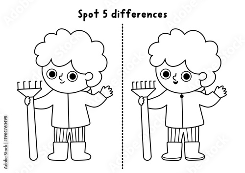 Garden black and white find differences game for children. Spring line educational activity with boy gardener standing with rake. Cute puzzle for kids. Printable worksheet, coloring page