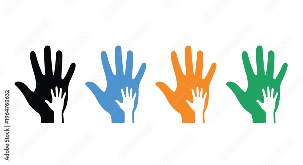 Fototapeta premium Four diverse hands with smaller hands inside, symbolizing unity and diversity, against a clean white background with a flat design style.