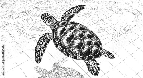 Sea turtle swimming in clear water at a rehabilitation center: Design for marine life educational materials, ocean conservation blogs, or wildlife sanctuary presentations. Transparent EPS version.