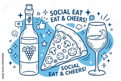 Stylized illustration featuring wine bottle with grape label, pizza slice with toppings, and wine glass, surrounded by stars, hearts, thumbs-up, and speech bubble icons, cheerful modern design with te