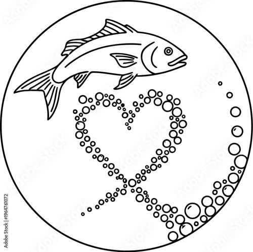 Simple line art illustration featuring a fish swimming gracefully above a heart shape formed by bubbles, all contained within a clear circular outline, symbolizing marine life and affection.