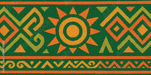 Abstract Vibrant green, orange, and yellow tribal pattern on fabric background with texture.