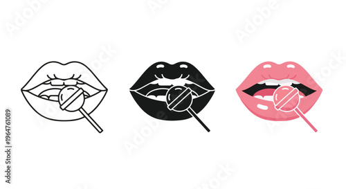 Illustration of three stylized lips holding lollipops in black and white and pink on a white background.