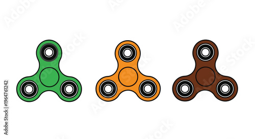 Three colorful fidget spinners in green, orange, and brown on a white background, flat lay from above.