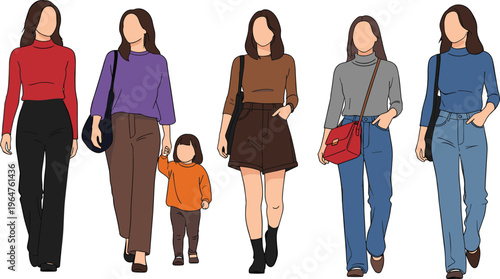 Group of Women and Child in Casual Clothing Walking for Fashion, Family, and Lifestyle Illustration Designs
