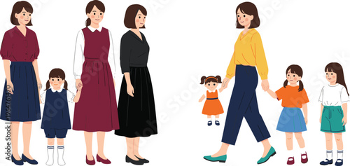 Mother and Daughter Character Set with Various Outfits and Poses for Family, Fashion, and Lifestyle Illustration Designs