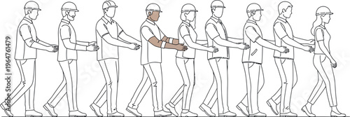 A diverse group of construction workers or factory employees forming a human chain, illustrating concepts of teamwork, cooperation, and sequential process in industrial or manufacturing operations.