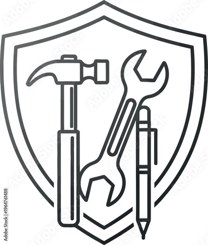 A minimalist line art icon featuring a hammer, wrench, and pen securely placed inside a shield, representing robust protection, versatile service, and reliable maintenance.