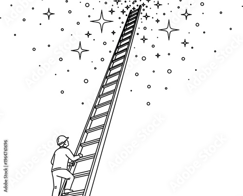A construction worker wearing a hard hat diligently climbs a very tall ladder toward shining stars representing ultimate achievement and success.