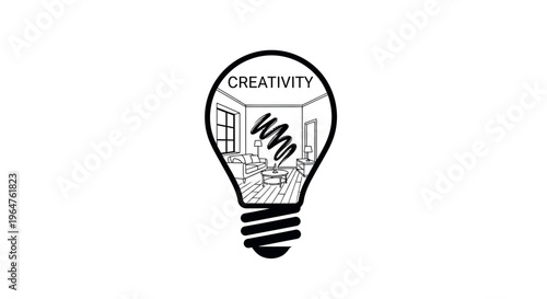 Black and white illustration depicting the concept of interior design creativity manifesting inside a glowing light bulb shape on white