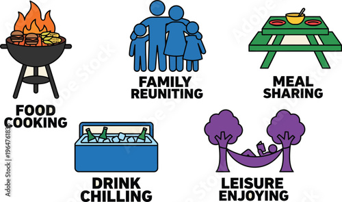 Collection of six blue icons shows common activities associated with outdoor family gatherings and relaxation.