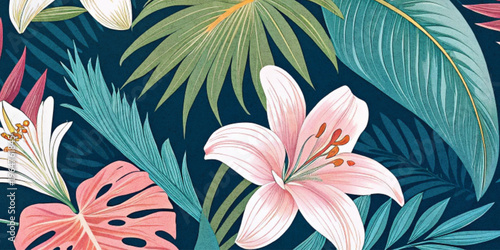 Abstract Colorful floral pattern featuring delicate lilies and tropical leave background with texture.