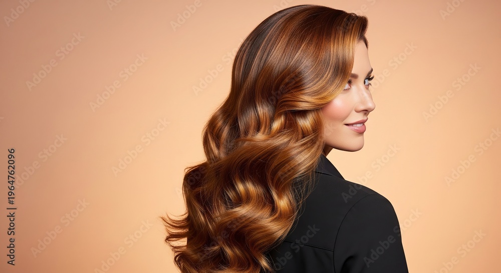 Fototapeta premium Beautiful woman with luxurious, shiny, wavy auburn hair elegantly styled, showcasing healthy and vibrant locks against a warm, soft background