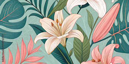 Abstract Colorful floral pattern featuring delicate lilies and tropical leave background with texture.