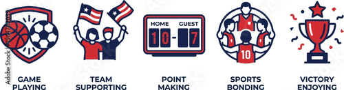 A set of five red, white, and blue icons depicts various aspects of competitive sports and fan engagement.