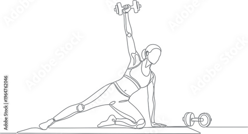 Continuous line art drawing depicts a focused woman performing an intense single arm overhead dumbbell press exercise variation during her workout routine.