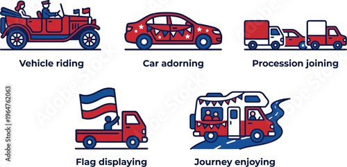 Various decorated vehicles illustrate participation in a patriotic parade or procession event.
