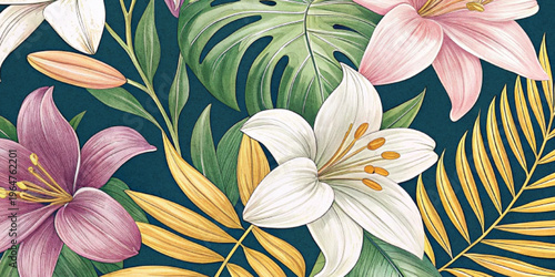 Abstract Colorful floral pattern featuring delicate lilies and tropical leave background with texture.