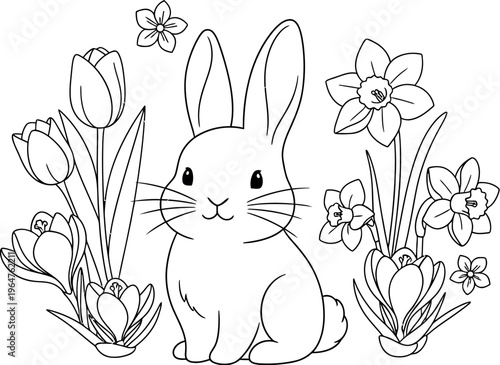 Adorable black and white line art illustration featuring a cute bunny sitting happily amidst a cheerful arrangement of spring flowers for coloring books.