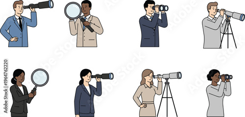 Cartoon business people using telescope, binoculars, and magnifying glass in colorful vector illustration of search and analysis