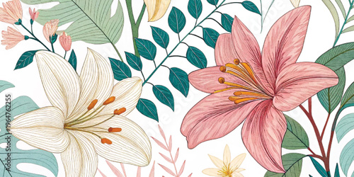 Abstract Colorful floral pattern featuring delicate lilies and tropical leave background with texture.