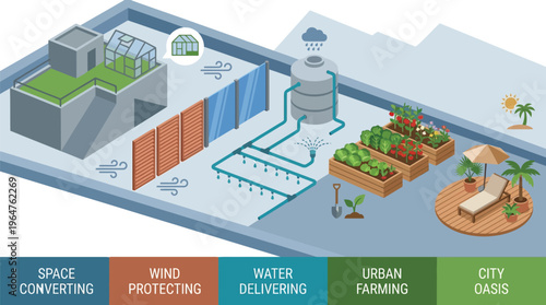 Isometric schematic depicts a multi-functional rooftop space integrating urban farming, water recycling, and leisure areas.
