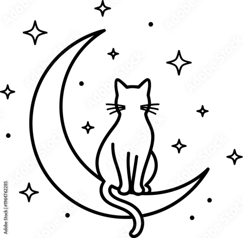 Minimalist black and white line art drawing features a charming cat sitting serenely upon a crescent moon surrounded by twinkling stars.