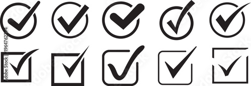 Check Marks: A collection of check marks presented in both circular and square frames, representing approval, verification, or selection.