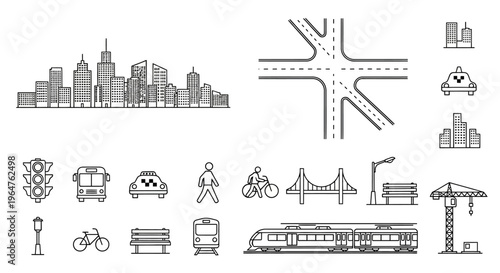 Comprehensive set of urban city infrastructure, public transportation, and cityscape element line icons vector for design.