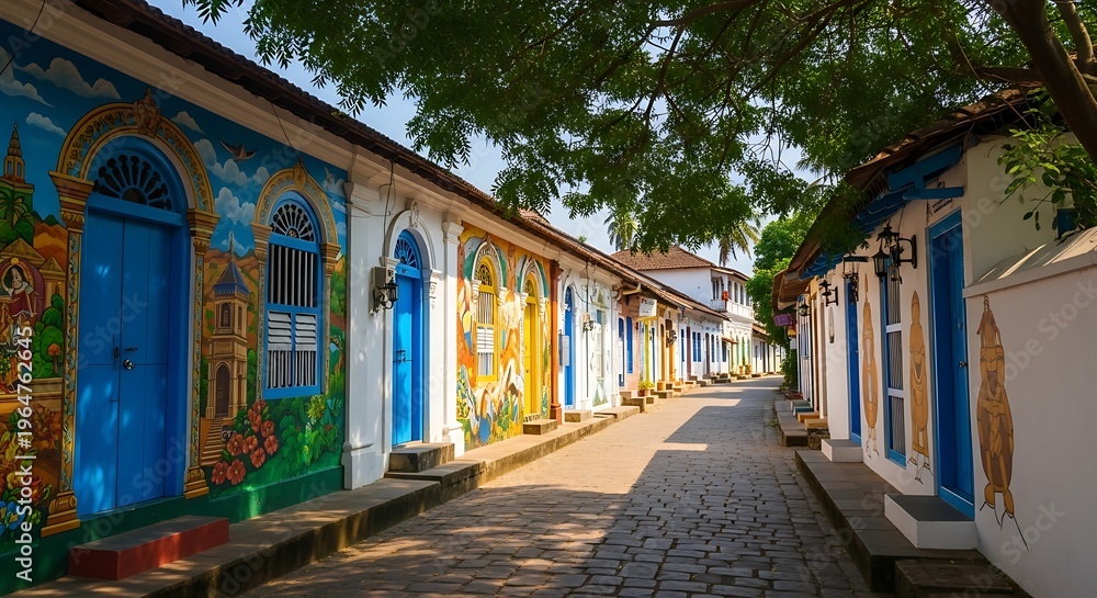 Fototapeta premium Colorful streetscape of vibrantly painted buildings with blue doors, lined with a cobblestone path