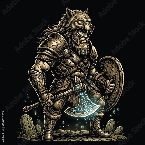 Wolf Head Warrior in Golden Sepia Armor with Blue Accents Dark Fantasy Illustration